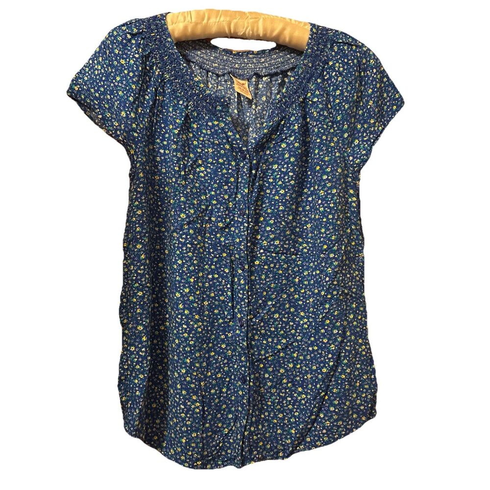 Faded Glory Womens Blue Floral Button Front Cap Sleeve Rayon Top Blouse Size M